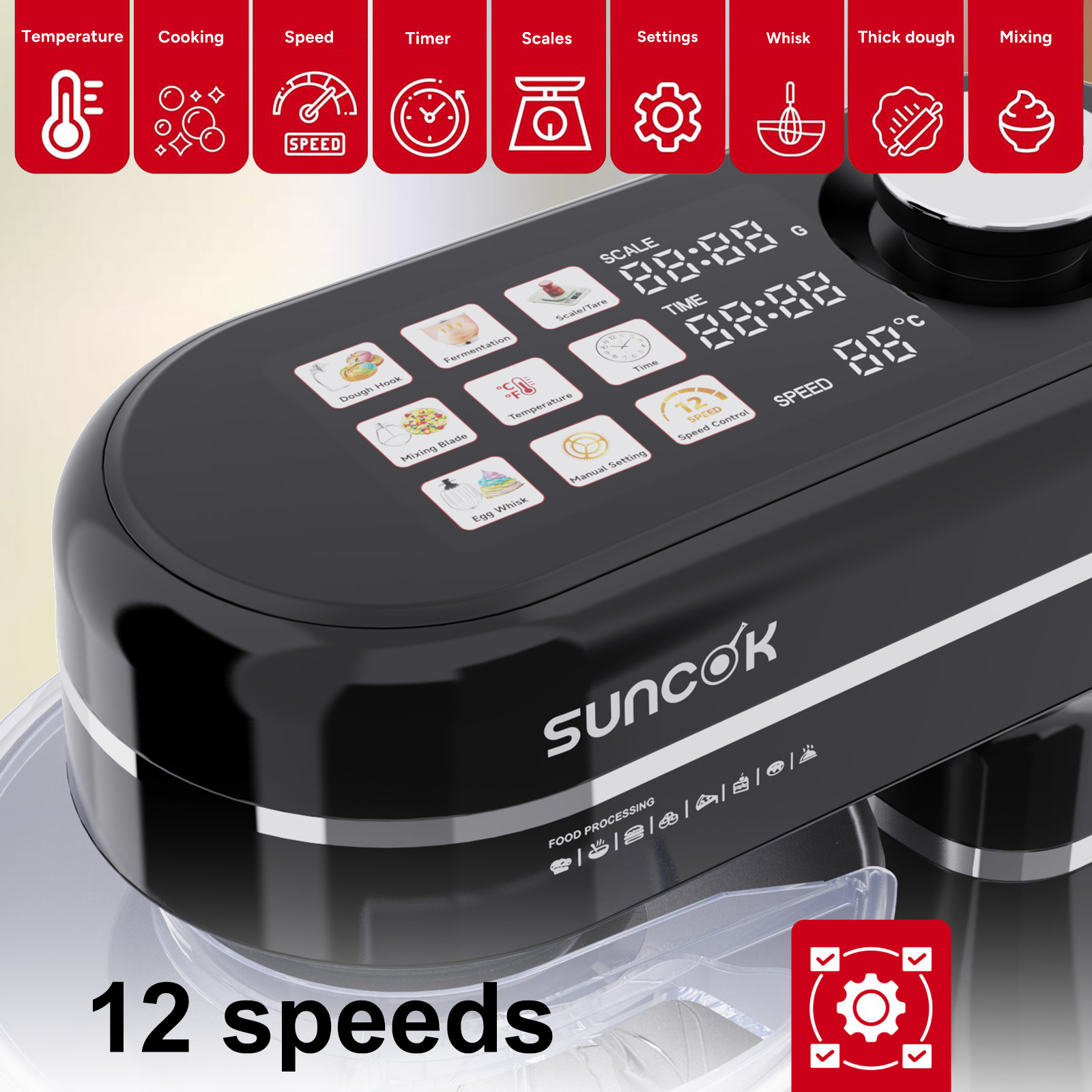 Czarny mikser stojący z panelem dotykowym, 12 prędkościami i ikonami.