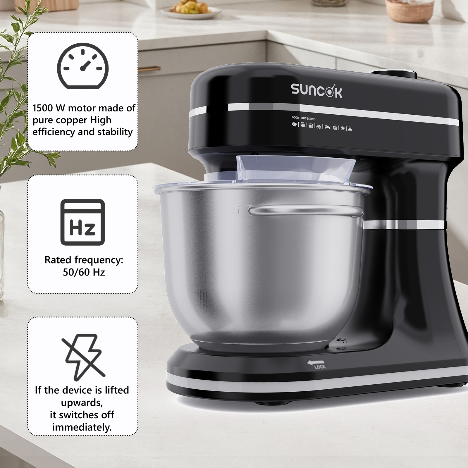 Czarny mikser planetarny z misą ze stali nierdzewnej, silnik 1500W, częstotliwość 50/60 Hz.