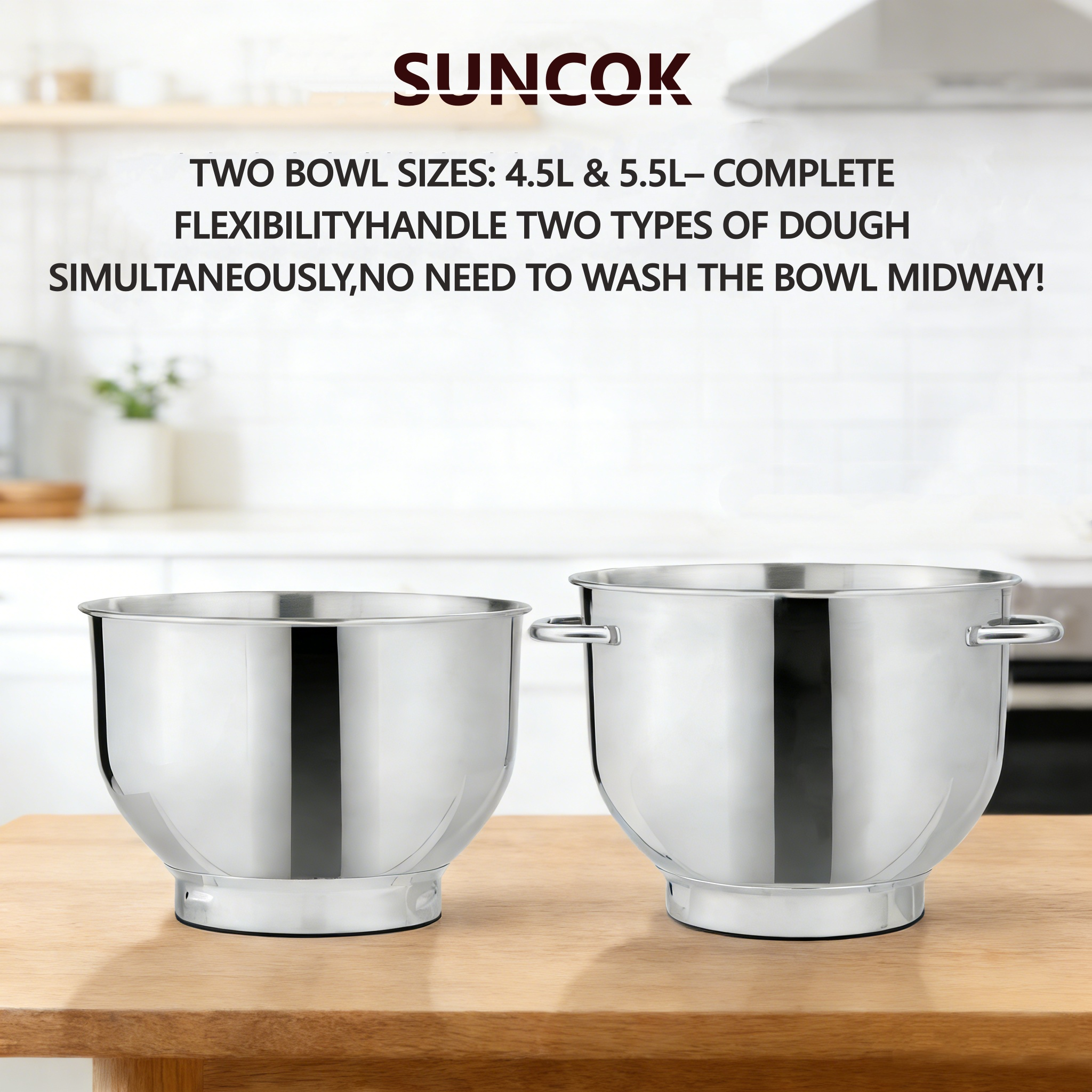 Dwie misy ze stali nierdzewnej, 4,5L i 5,5L, stoją obok siebie na drewnie.