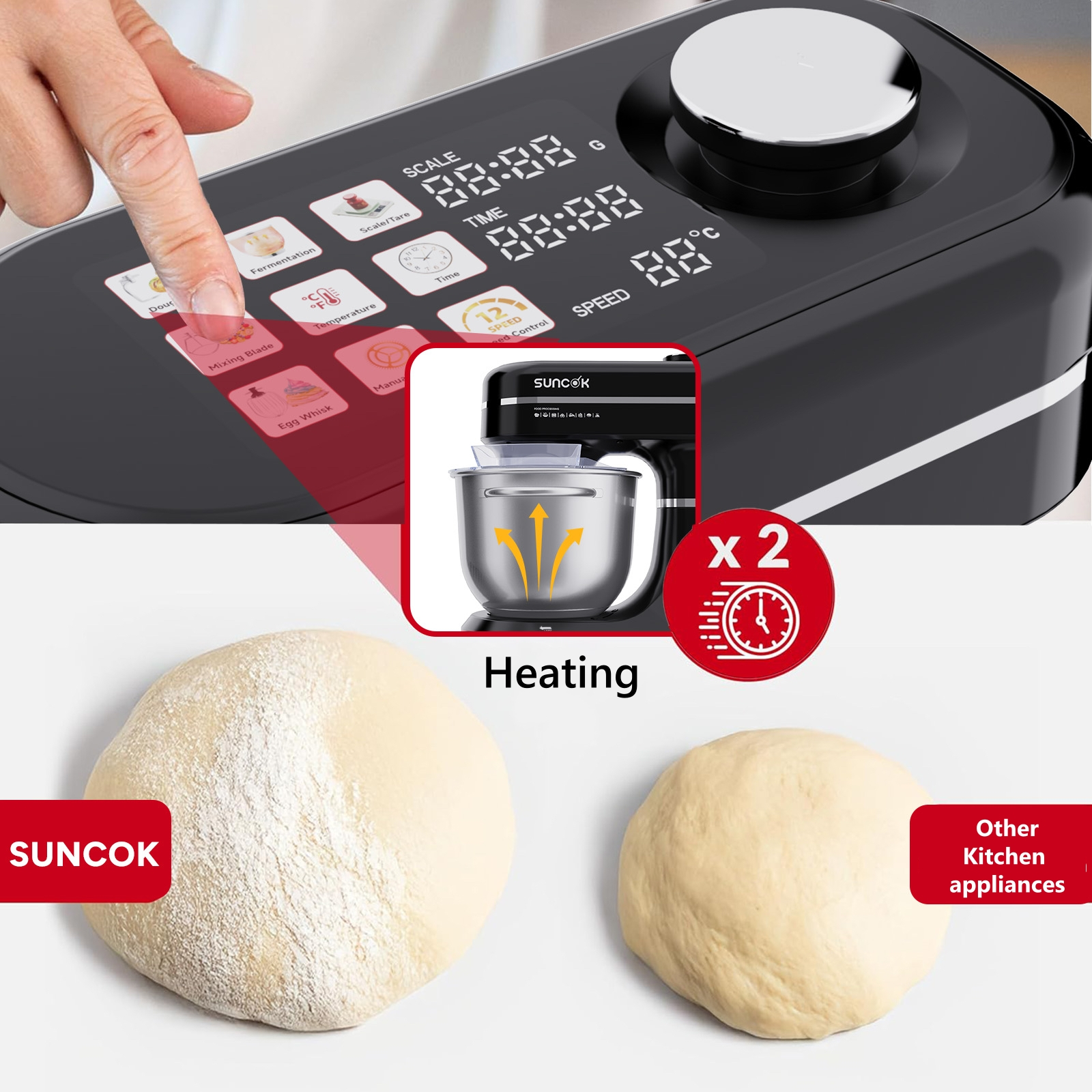 Ręka obsługuje czarny sprzęt kuchenny z cyfrowymi wyświetlaczami i ciastem obok.