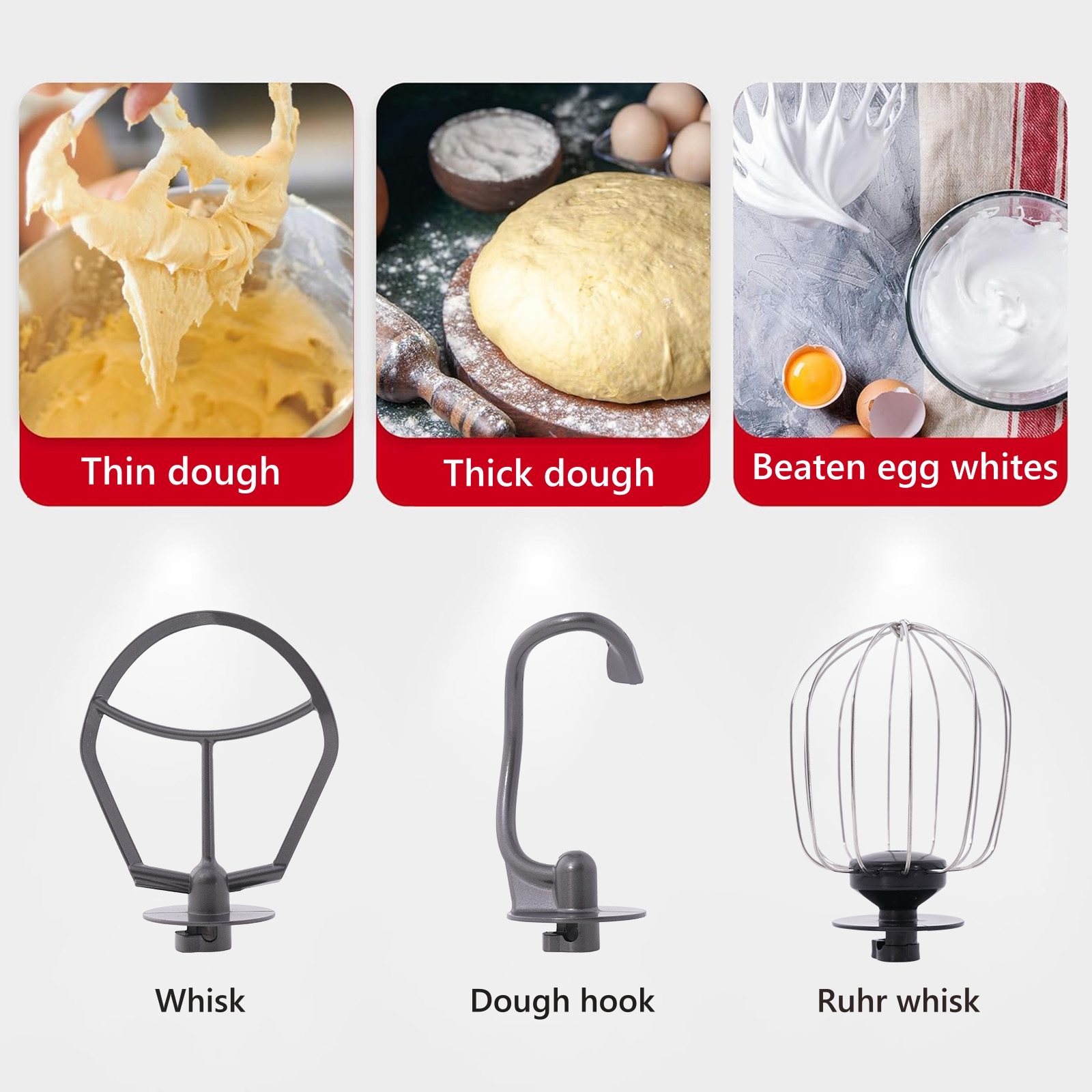 Obraz przedstawia ciasta i akcesoria miksera: rzadkie ciasto, gęste ciasto, białka jaj, mieszadło, hak do ciasta, trzepaczka Rühr.