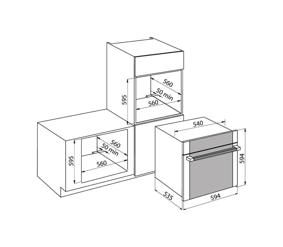 Disegno tecnico di un forno da incasso con dimensioni e dettagli.