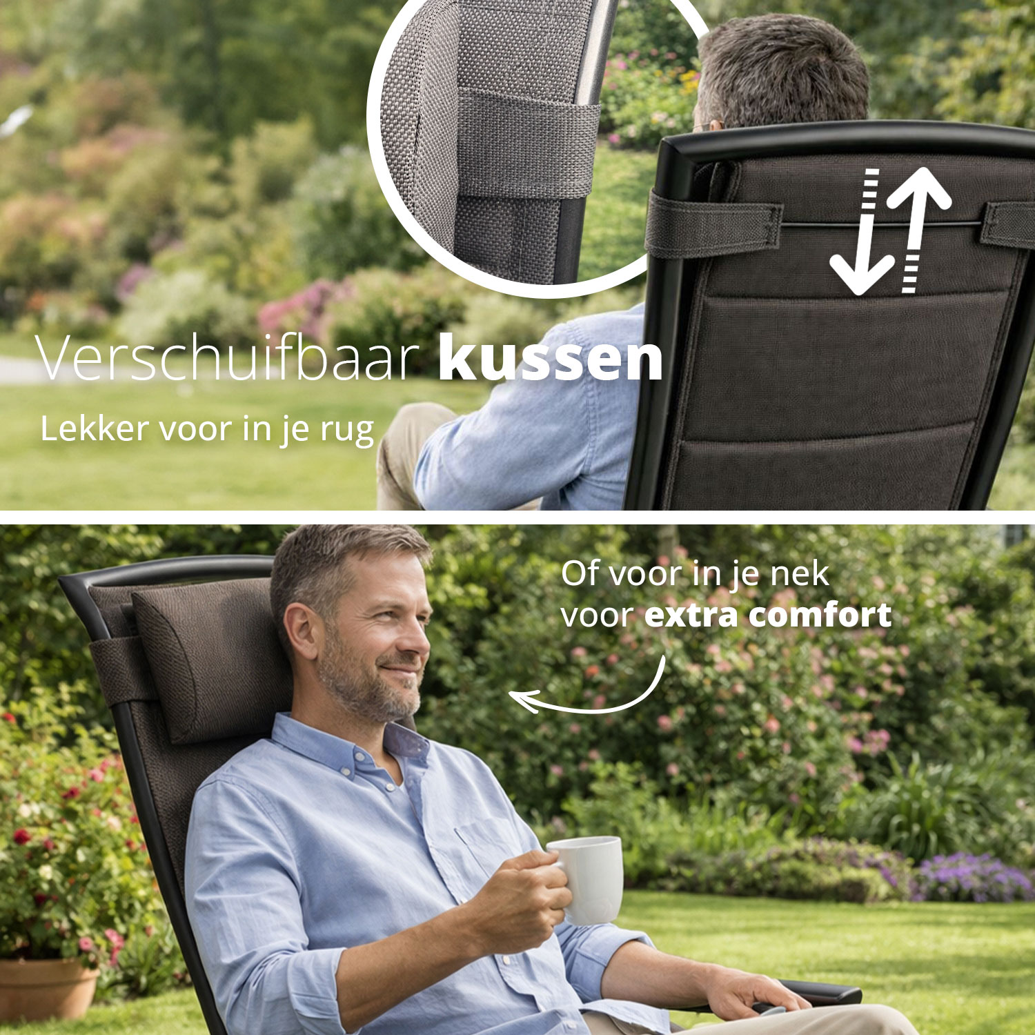 Mann im Garten auf Liege, verstellbares Kissen, Tasse Kaffee.