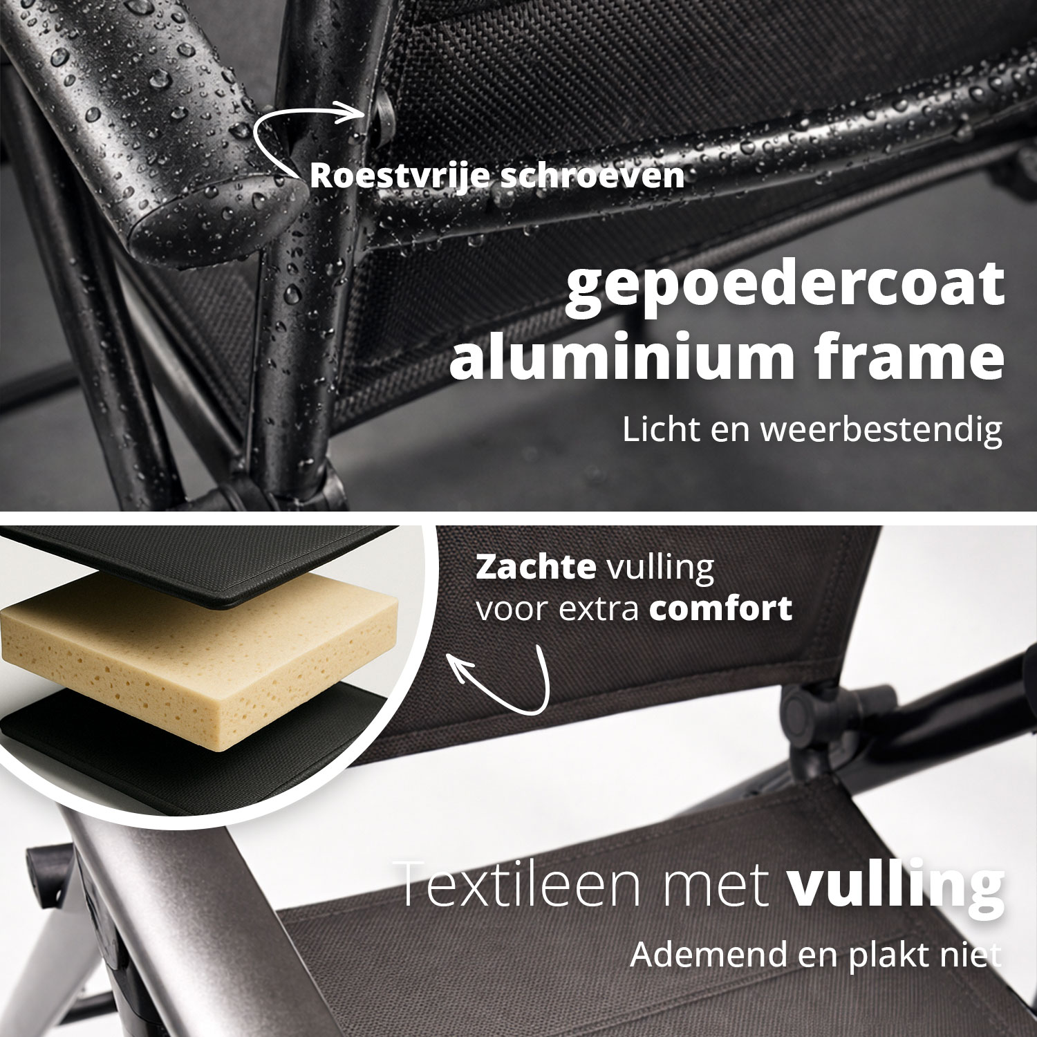 Pulverbeschichteter Aluminiumrahmen mit rostfreien Schrauben und wetterfester Textilbespannung.