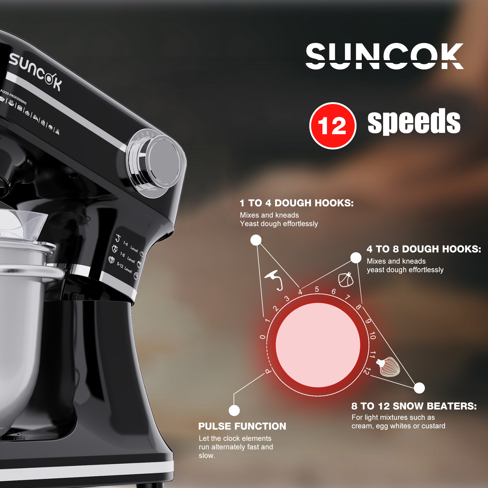Czarny mikser stojący Sunçok z 12 prędkościami, pokazujący haki do ciasta i trzepaczki.