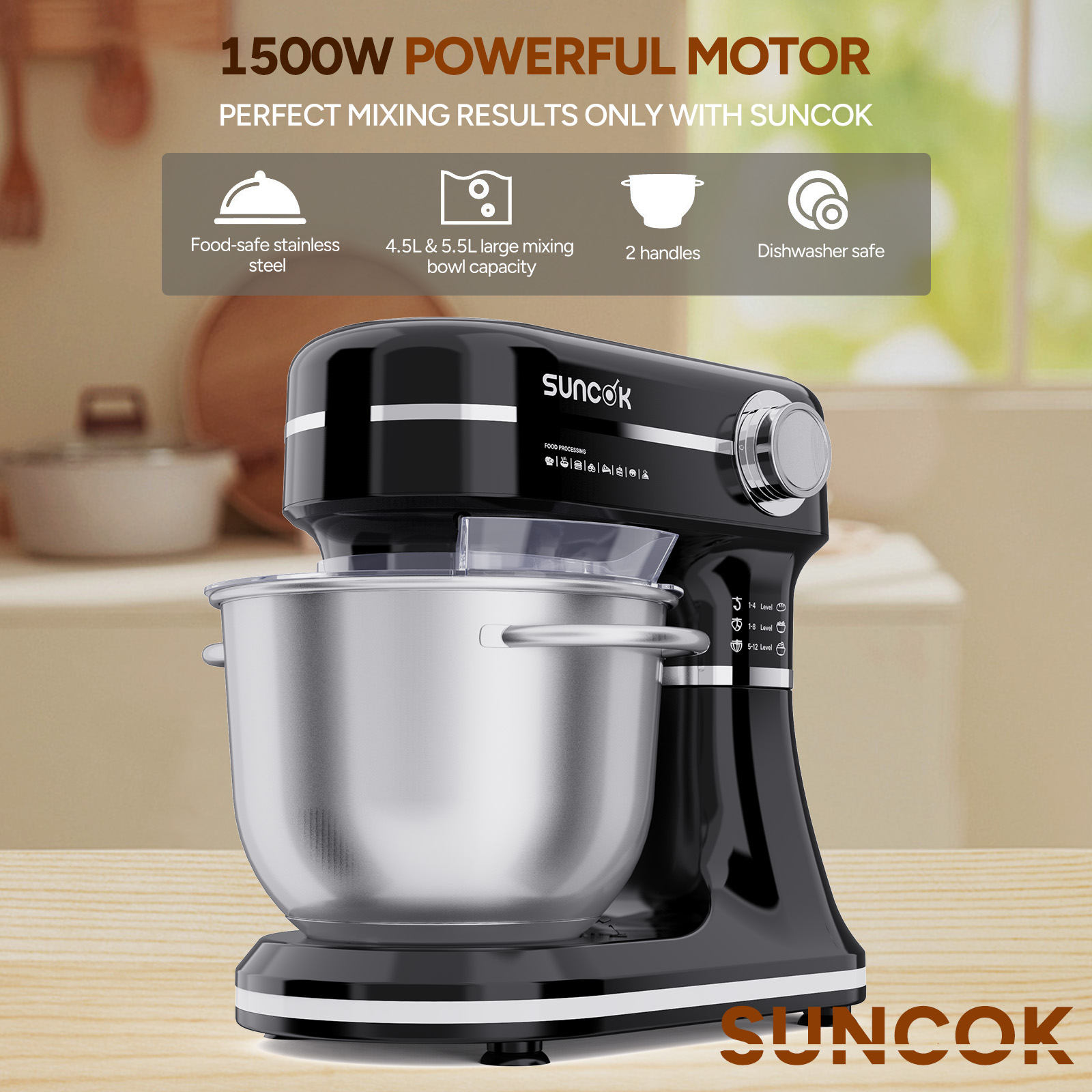 Czarny mikser stojący z misą ze stali nierdzewnej, moc 1500W.