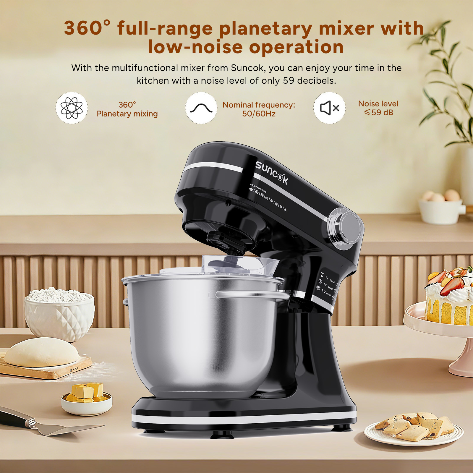 Czarny mikser planetarny z misą ze stali nierdzewnej, ciastem, mąką, masłem i ciastem.