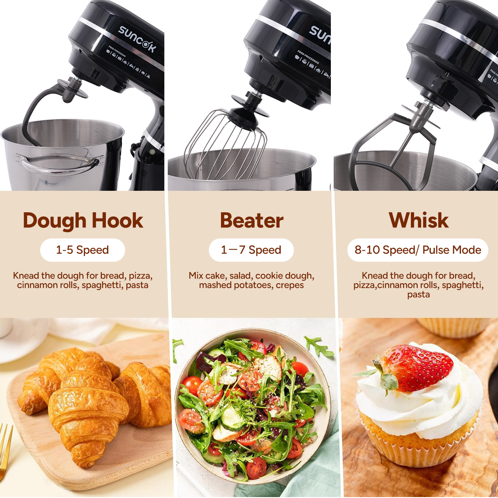 Mikser kuchenny z hakiem do ciasta, mieszadłem i trzepaczką, obok wypieków, sałatki i babeczek.