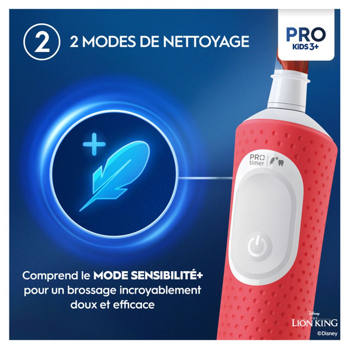 Rote elektrische Zahnbürste mit "Pro Kids 3+" Logo und Feder-Symbol.