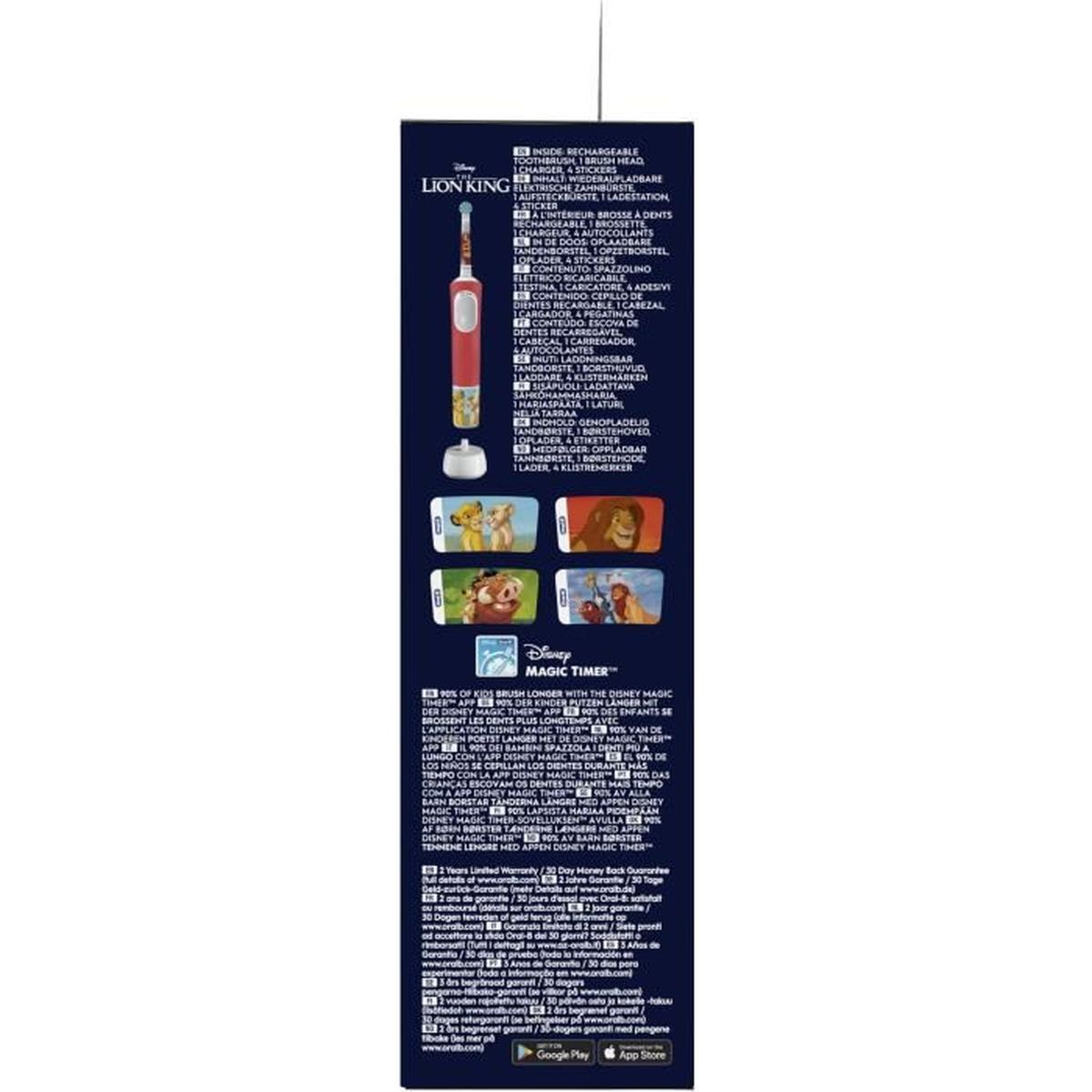 Rote elektrische Zahnbürste mit Disney Lion King-Motiv, Ladestation und Stickern.