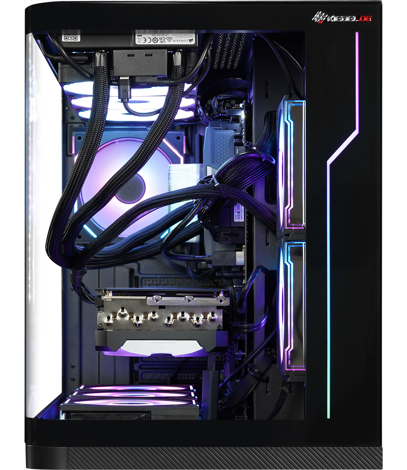 Een pc-behuizing met RGB-verlichting, kabelbeheer en ventilatoren.