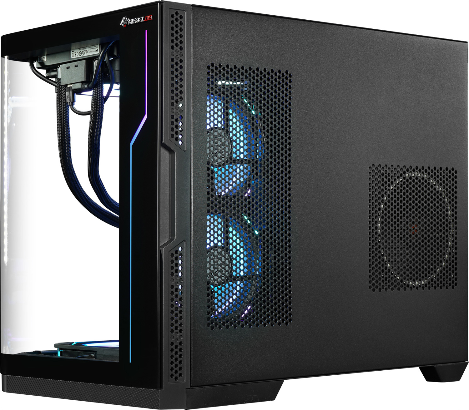 Zwarte computerkast met transparant zijpaneel en blauwe ventilatoren.