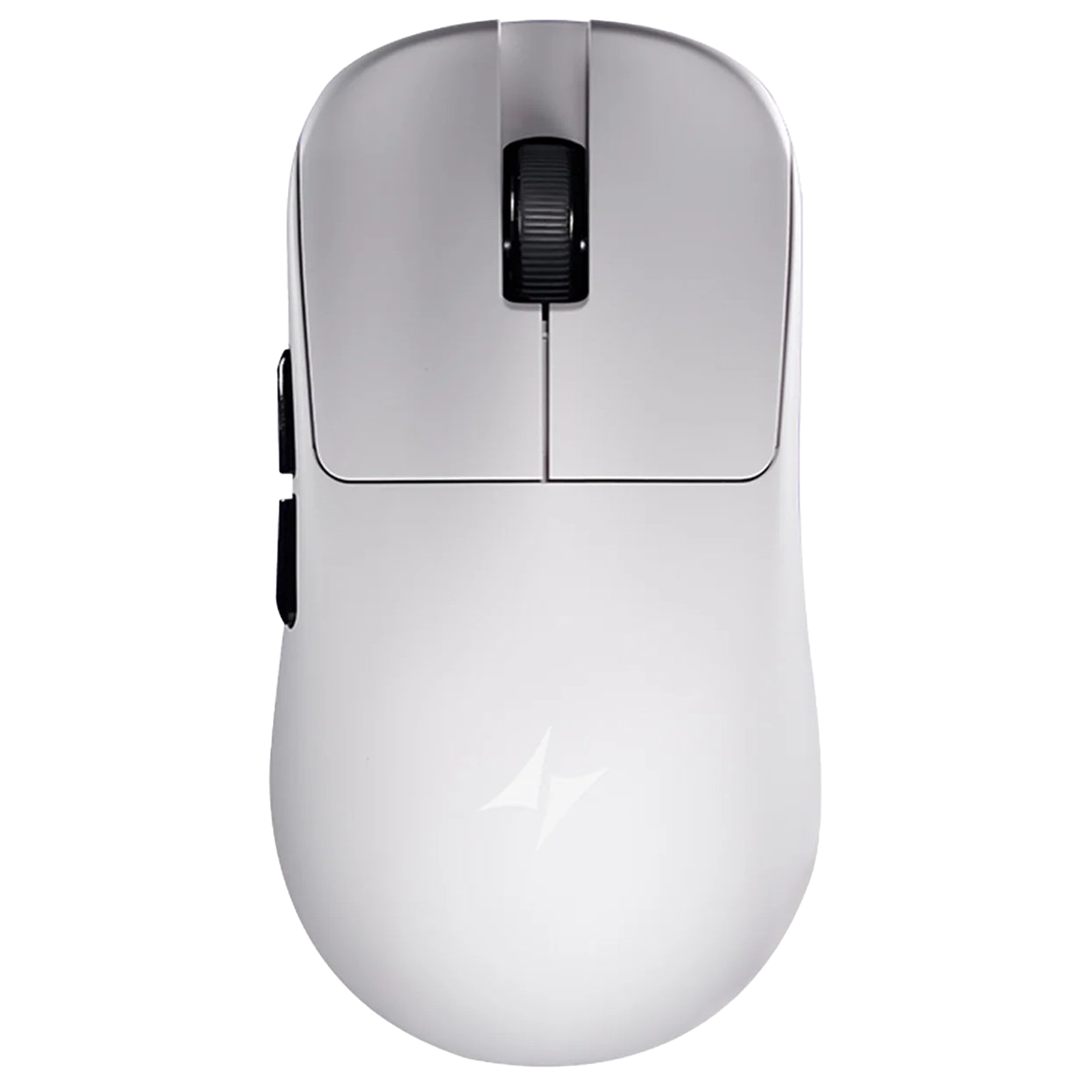 Witte computermuis met zwart scrollwiel en zijtoetsen, op zwarte achtergrond.