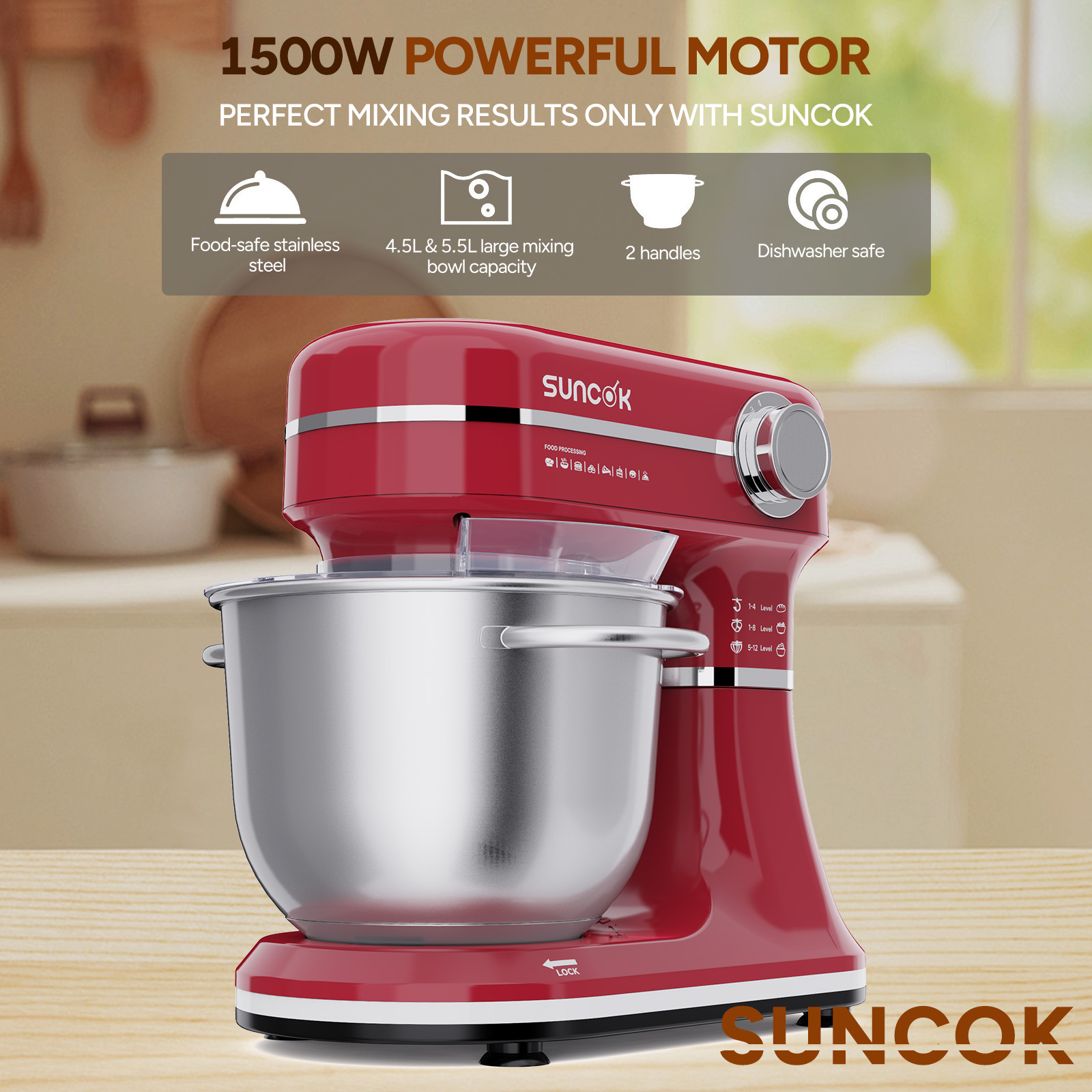 Czerwony mikser stojący z misą ze stali nierdzewnej i pokrętłem.