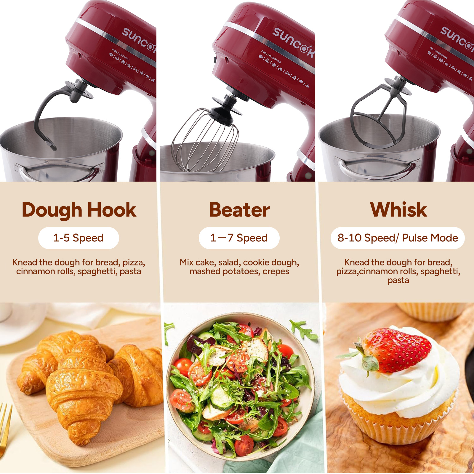 Czerwony mikser stojący z akcesoriami: hak do ciasta, trzepaczka, mieszadło.