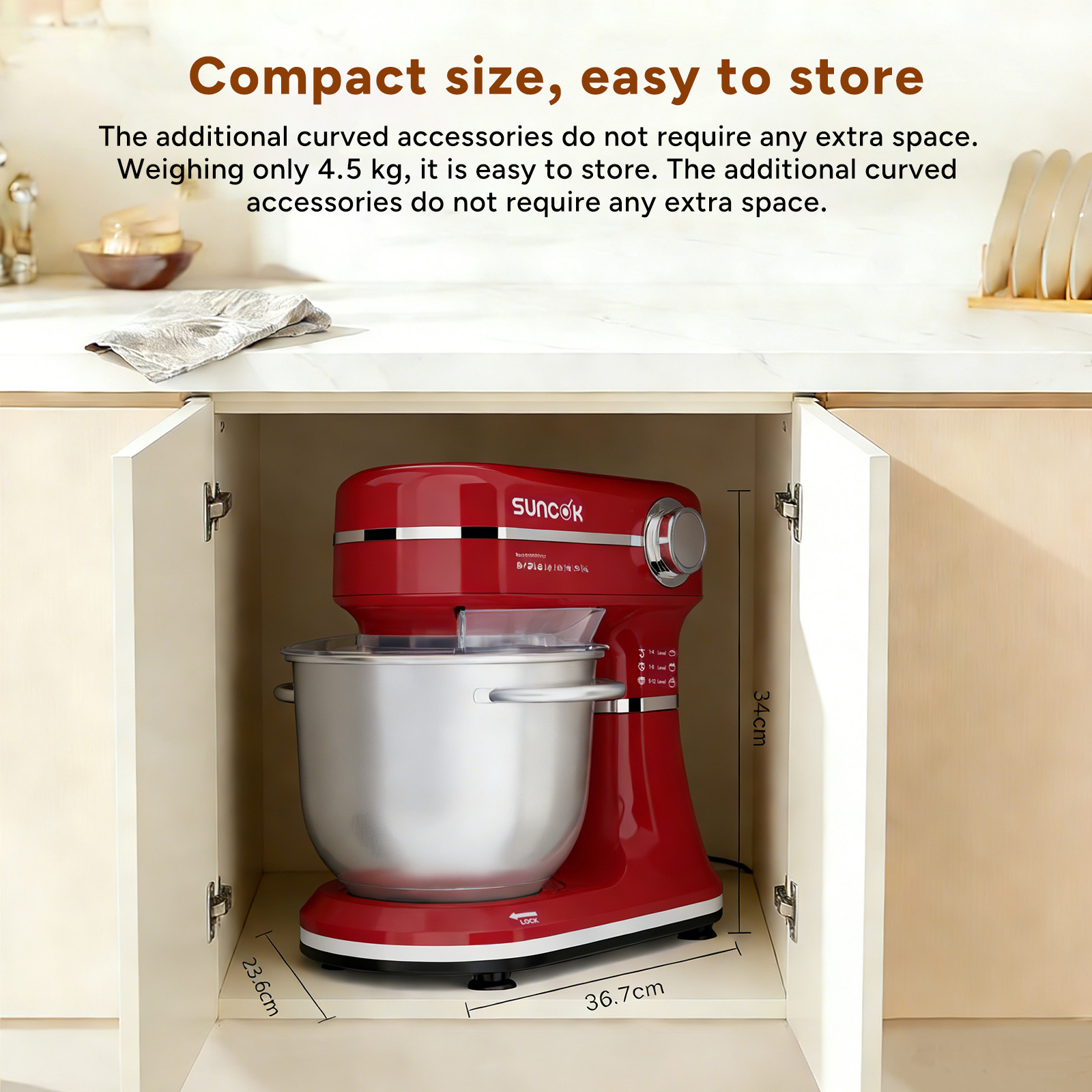 Czerwony mikser kuchenny z misą ze stali nierdzewnej stoi w otwartej szafce.