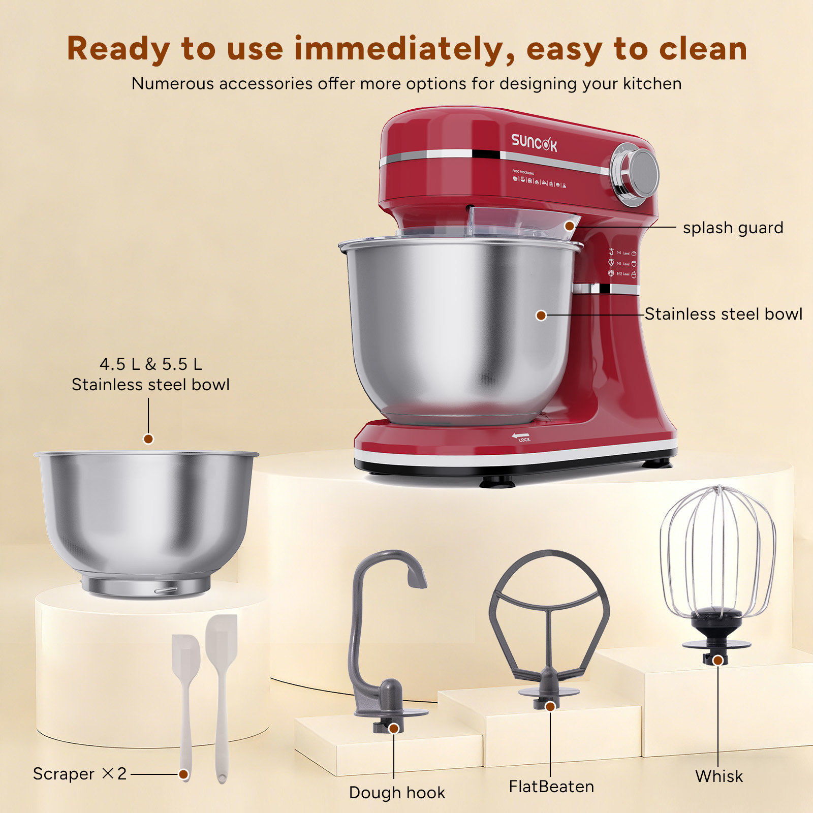 Czerwony mikser kuchenny z akcesoriami: miska, trzepaczka, hak, mieszadło.
