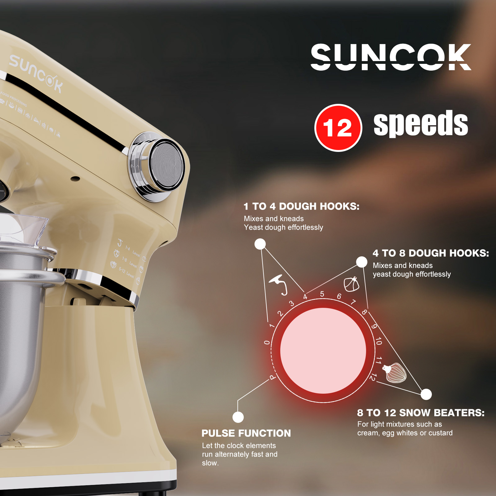 Beżowy mikser stojący z 12 prędkościami i akcesoriami, z pokrętłem.