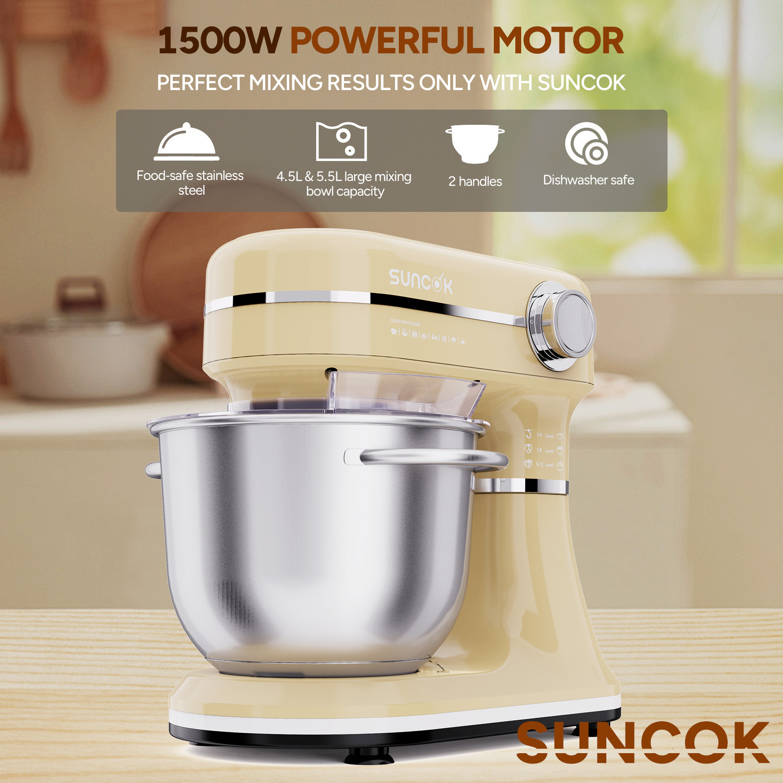 Kremowy mikser stojący z misą ze stali nierdzewnej, moc 1500W.