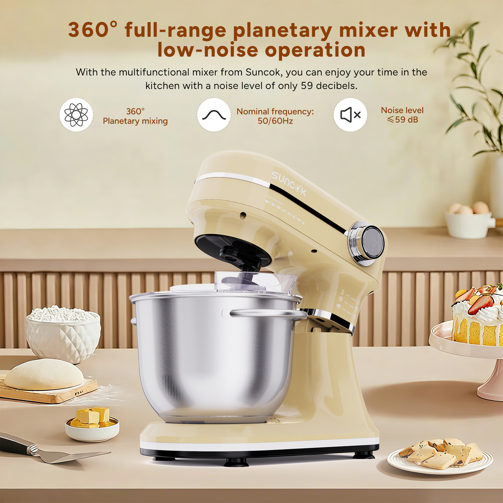 Beżowy mikser stojący z misą ze stali nierdzewnej, ciastem, masłem, ciastem i ciasteczkami.