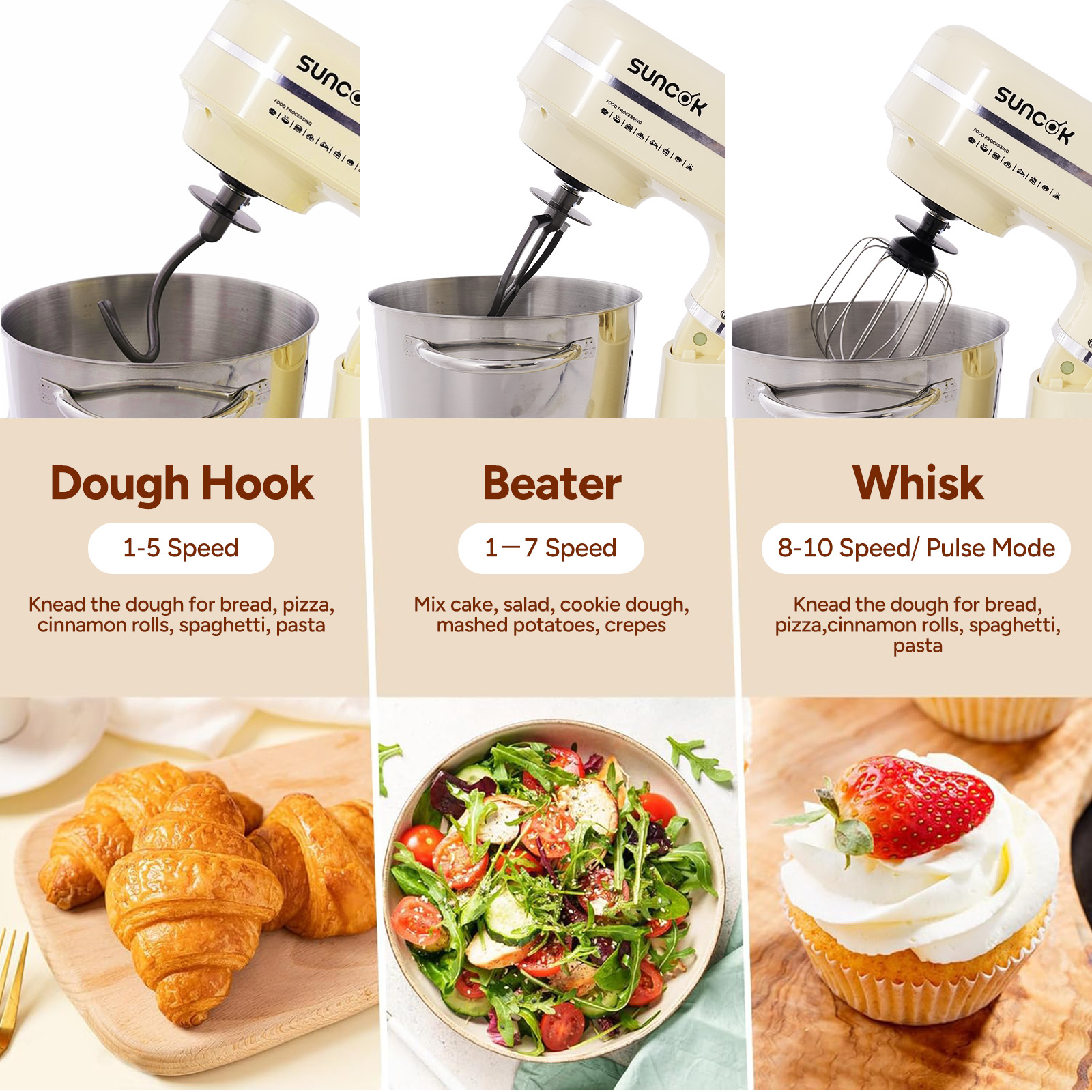 Mikser kuchenny z trzema końcówkami: hak do ciasta, mieszadło, trzepaczka.