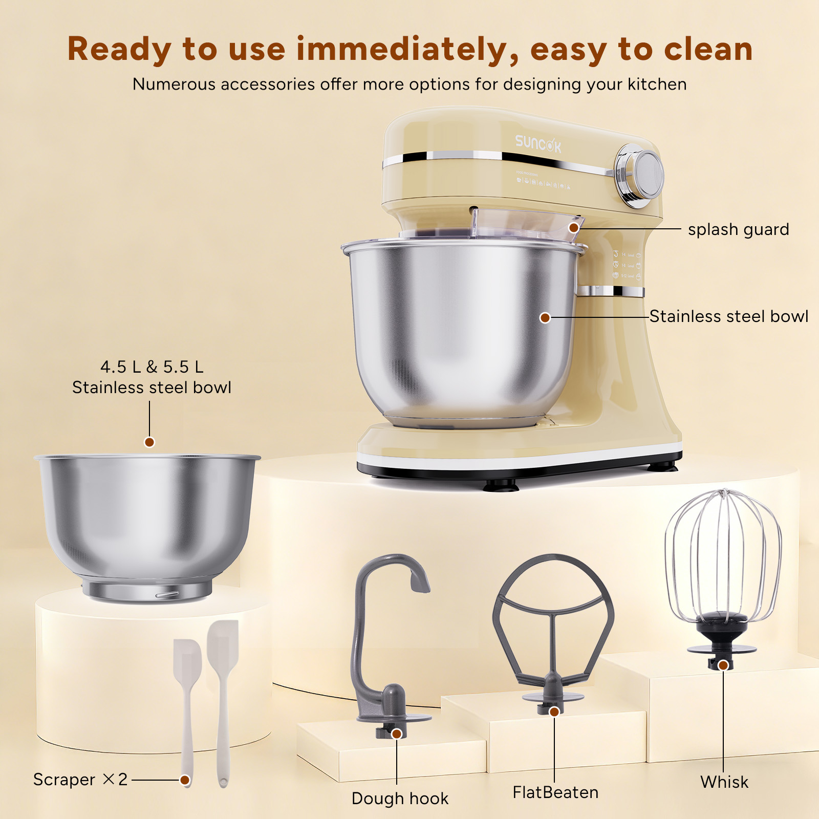 Beżowy mikser planetarny z akcesoriami: miska stalowa, trzepaczka, hak, mieszadło.