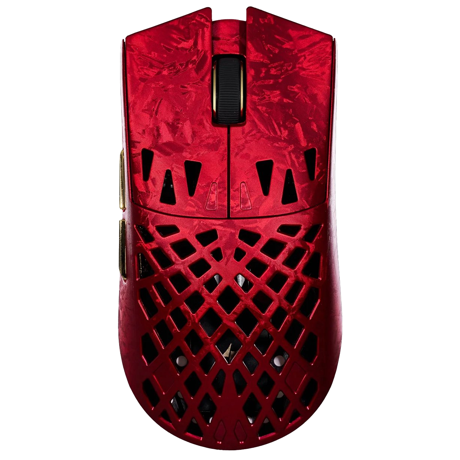 Een rode gamingmuis met honingraatpatroon en gouden accenten op zwarte achtergrond.