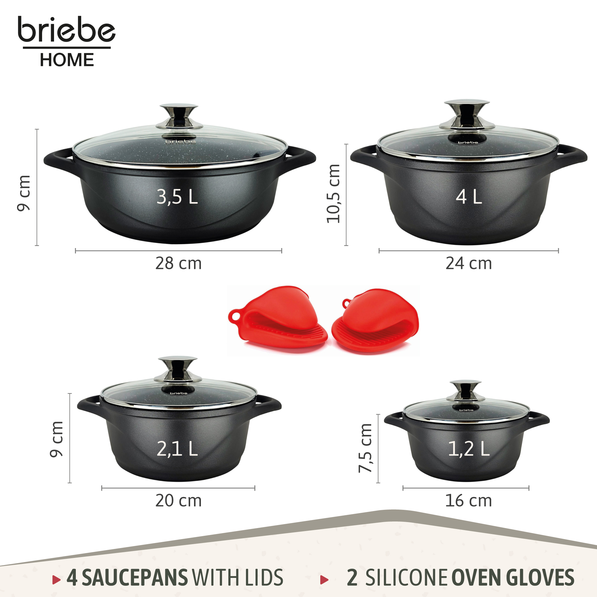 Cuatro ollas negras con tapa de cristal y dos manoplas para horno rojas.