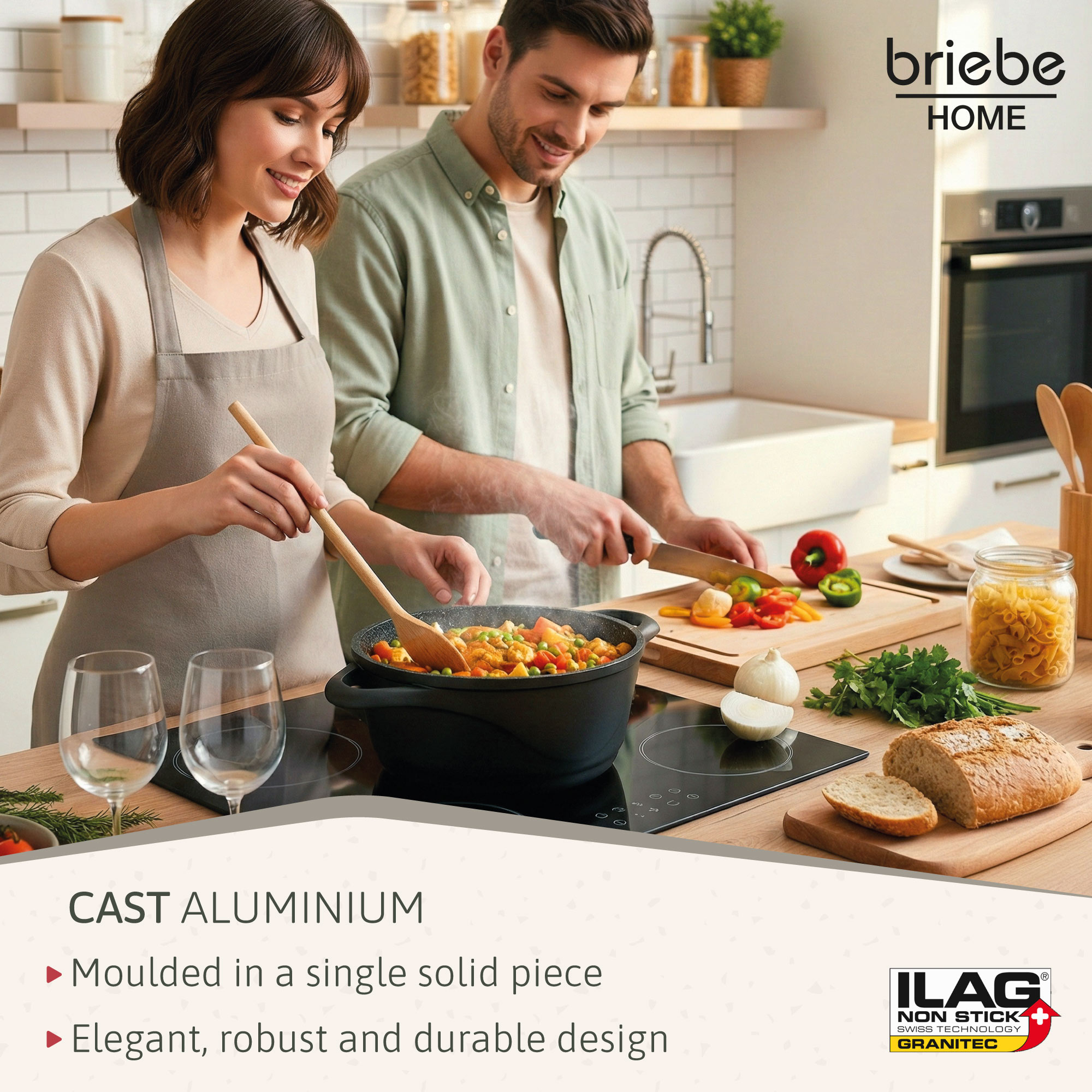 Una pareja cocina en una cocina moderna. Se cortan verduras y se preparan en una olla.