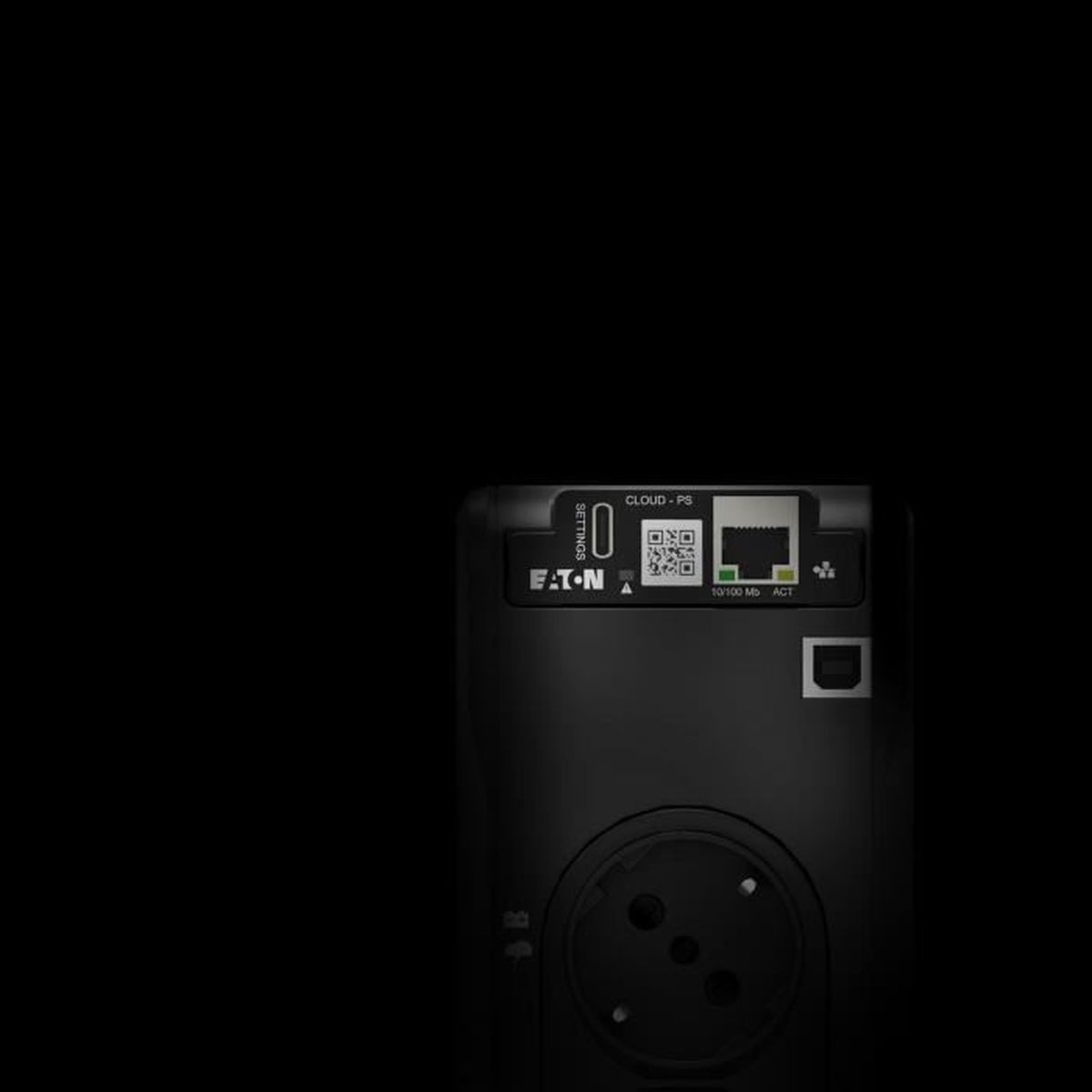 Dispositivo Eaton nero con porta Ethernet, codice QR e presa.