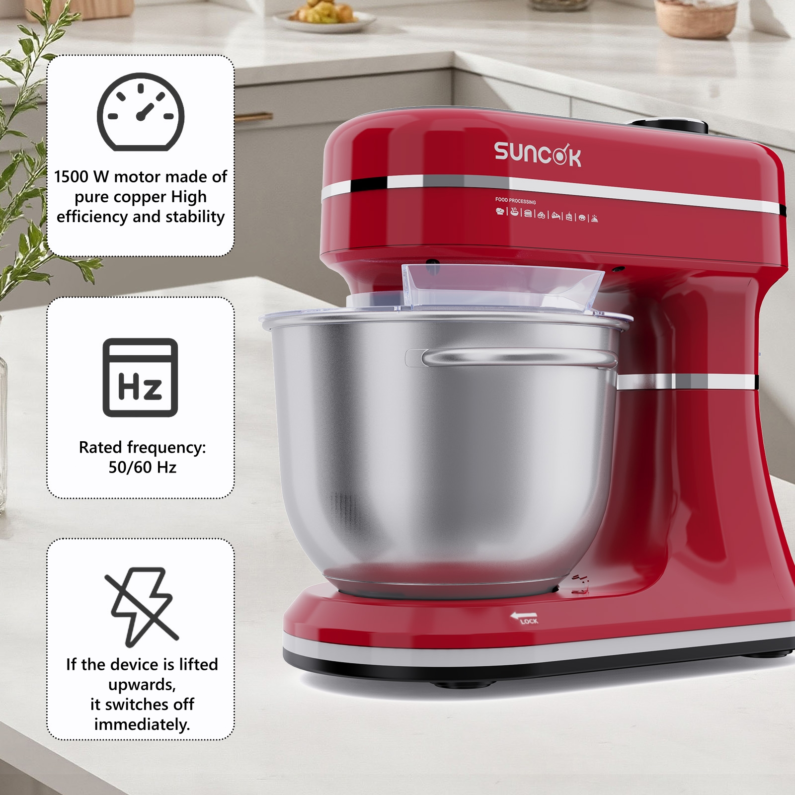 Czerwony mikser stojący z misą ze stali nierdzewnej i panelem sterowania.