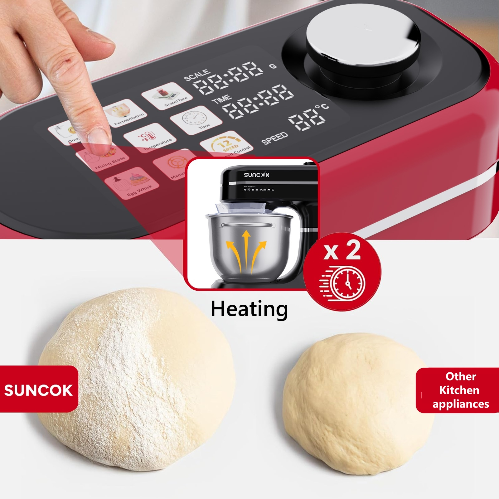 Czerwony mikser kuchenny z cyfrowym wyświetlaczem i ciastem.