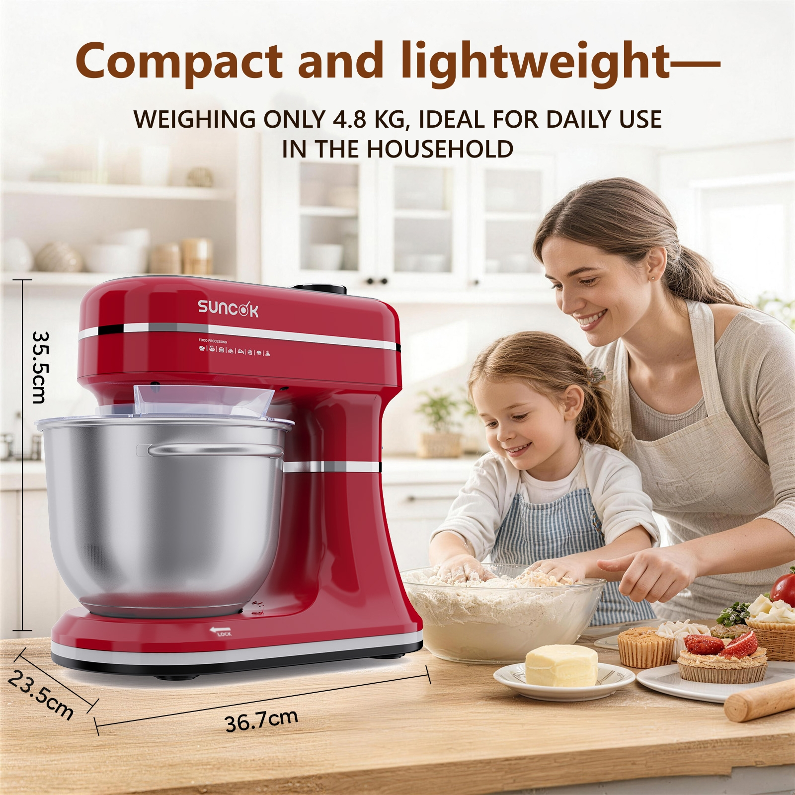 Kobieta i dziecko pieką. Obok stoi czerwony mikser kuchenny.