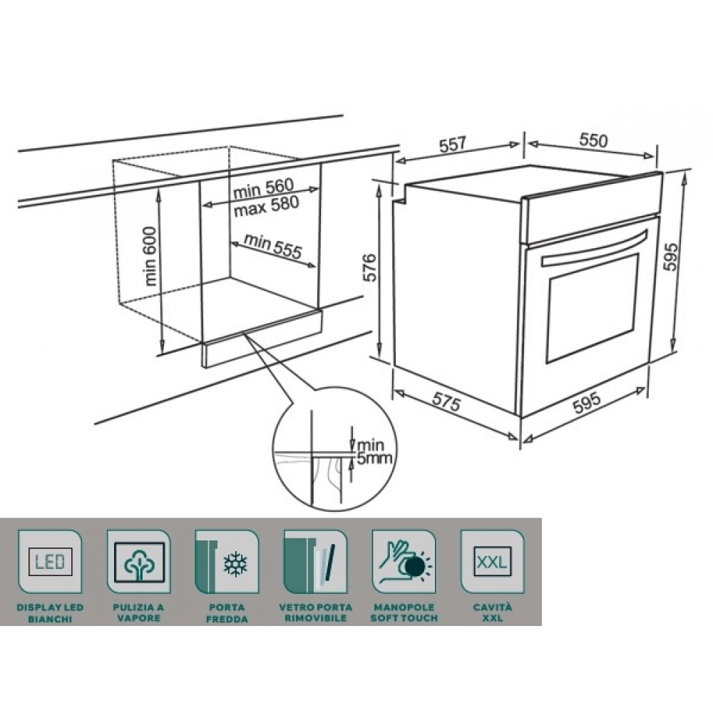 Disegno tecnico di un forno da incasso con dimensioni e icone funzioni.