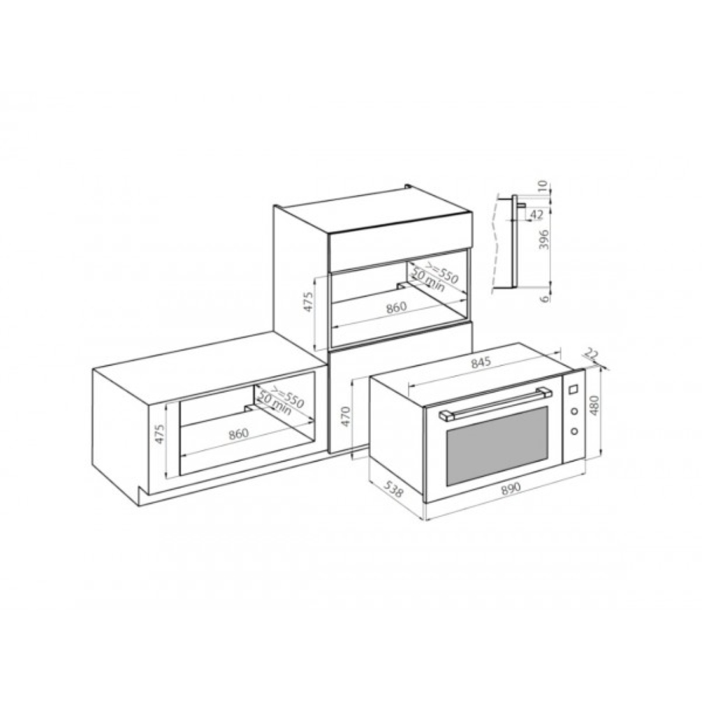 Disegno tecnico di un forno da incasso e di un mobile con dimensioni.