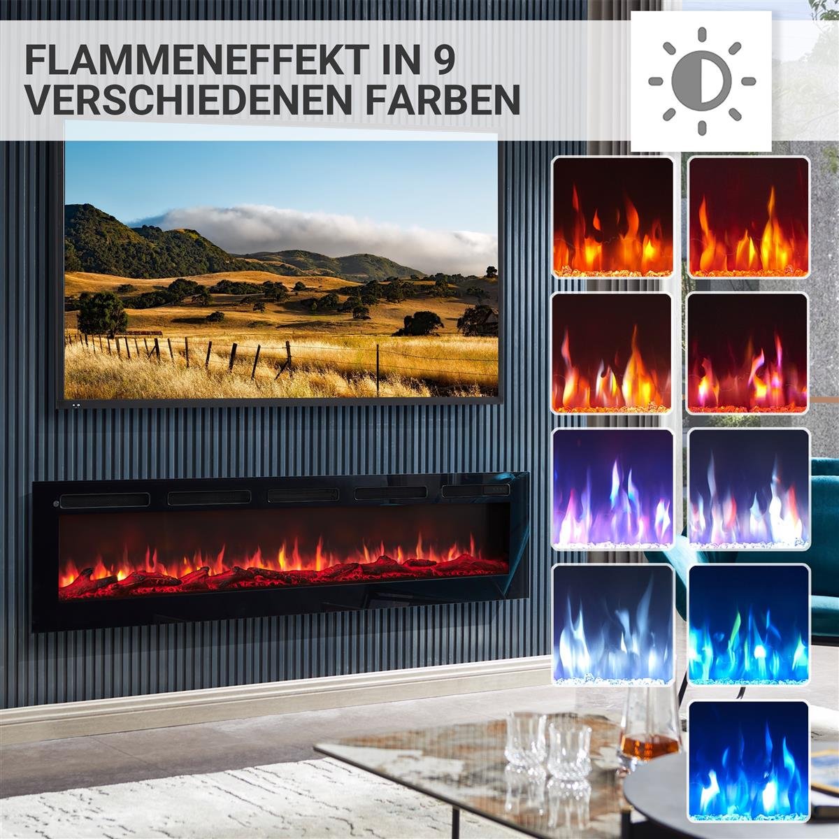 Moderner Elektrokamin mit realistischen Flammen in 9 Farben.