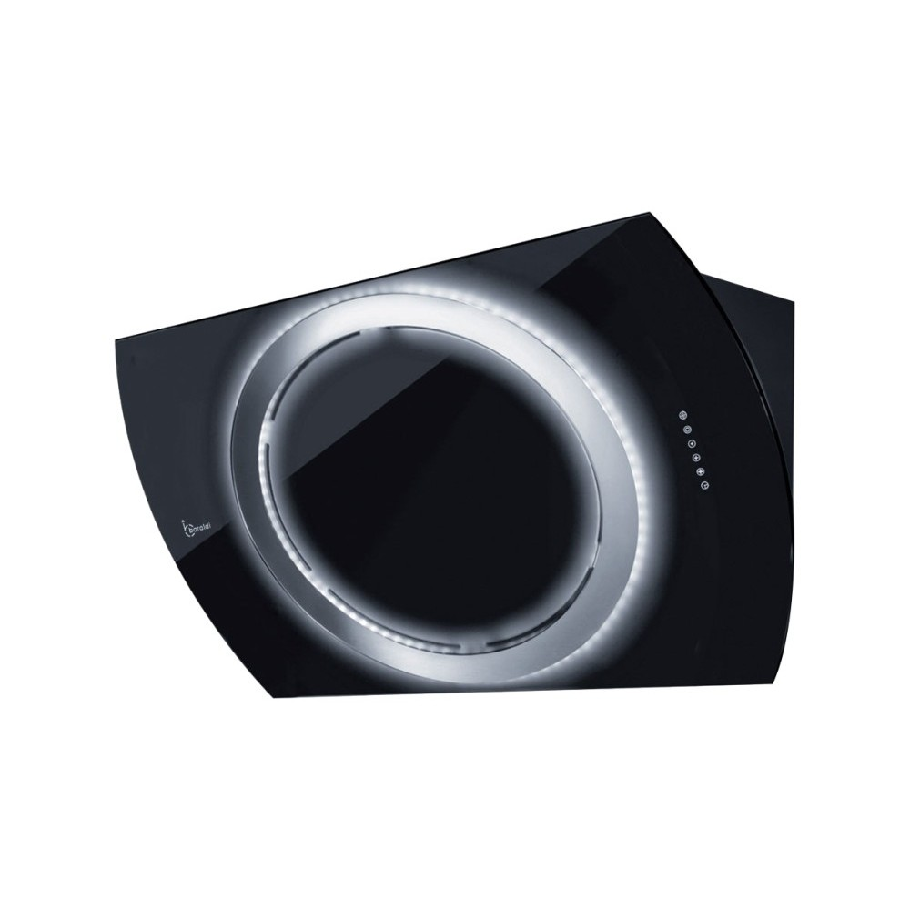 Cappa da cucina nera con illuminazione LED circolare e comandi touch.