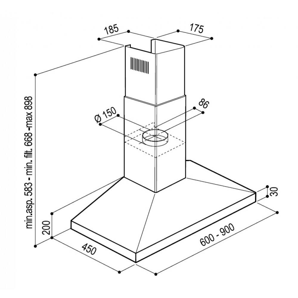 Disegno tecnico di una cappa da cucina con dimensioni.