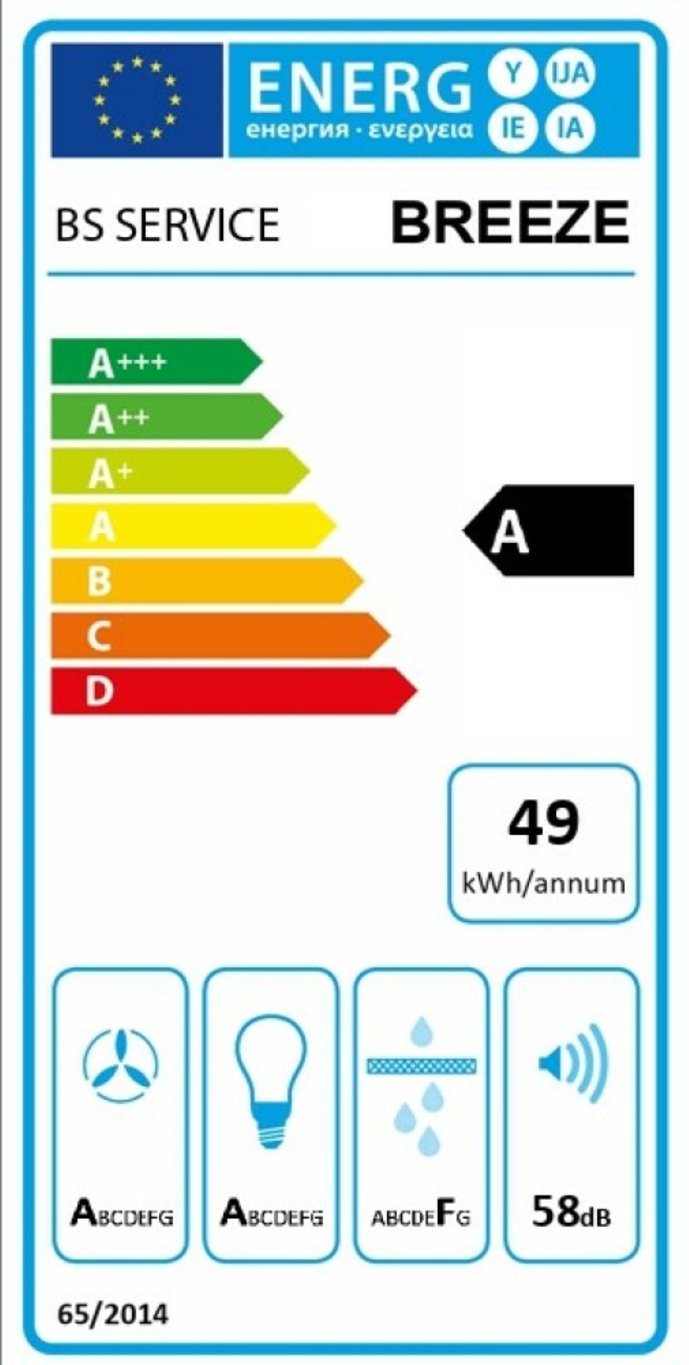 Etichetta di efficienza energetica BS SERVICE BREEZE, classe A, 49 kWh/anno, 58 dB.