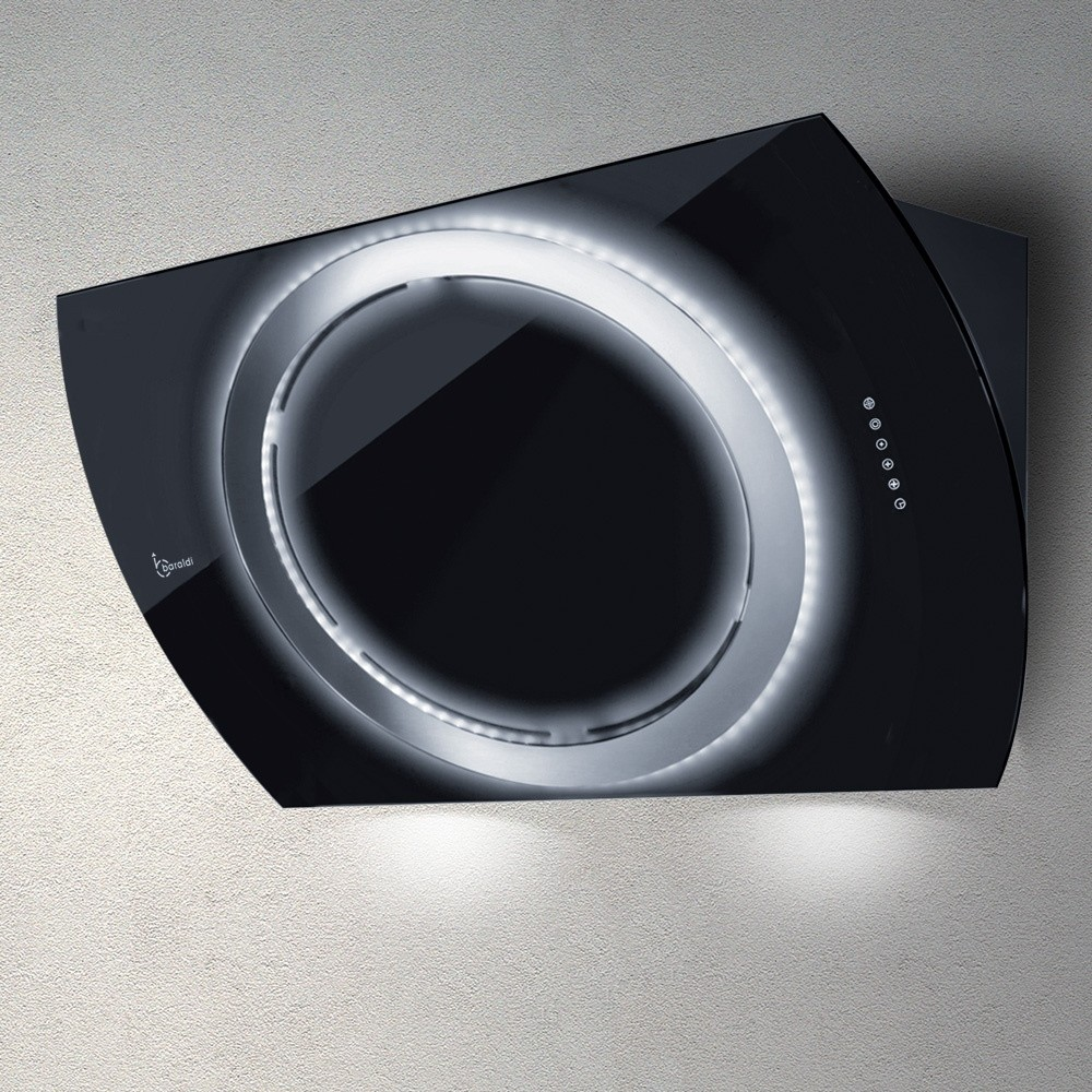 Moderna cappa aspirante nera con illuminazione LED circolare a parete.