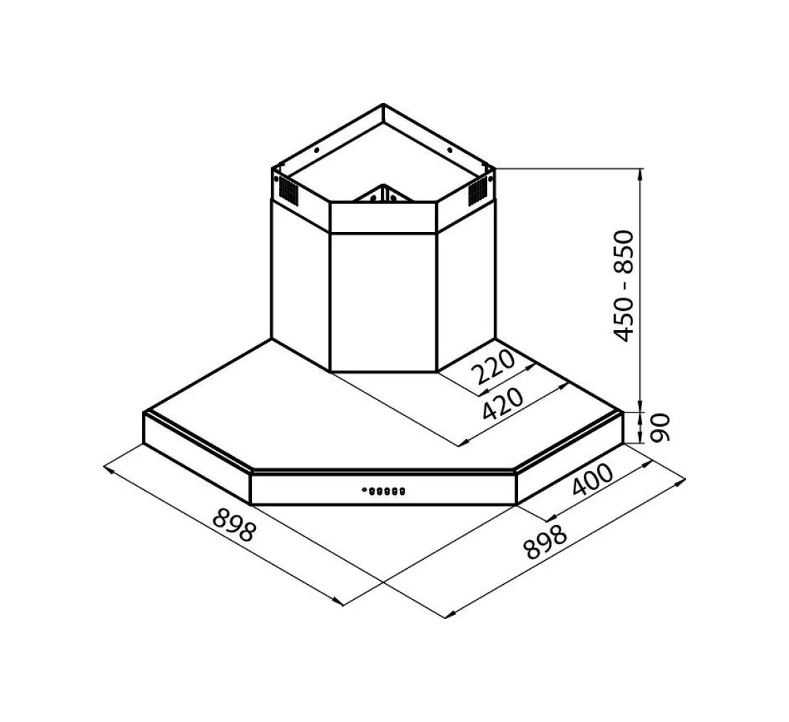 Disegno tecnico di una cappa aspirante con dimensioni.