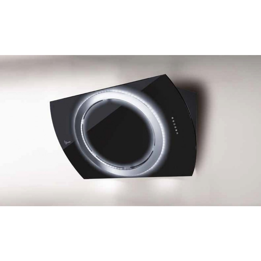 Cappa aspirante nera con illuminazione circolare e comandi touch, a parete.
