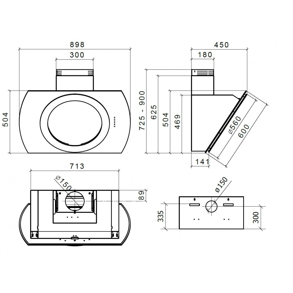 Disegno tecnico di una cappa da cucina con dimensioni.