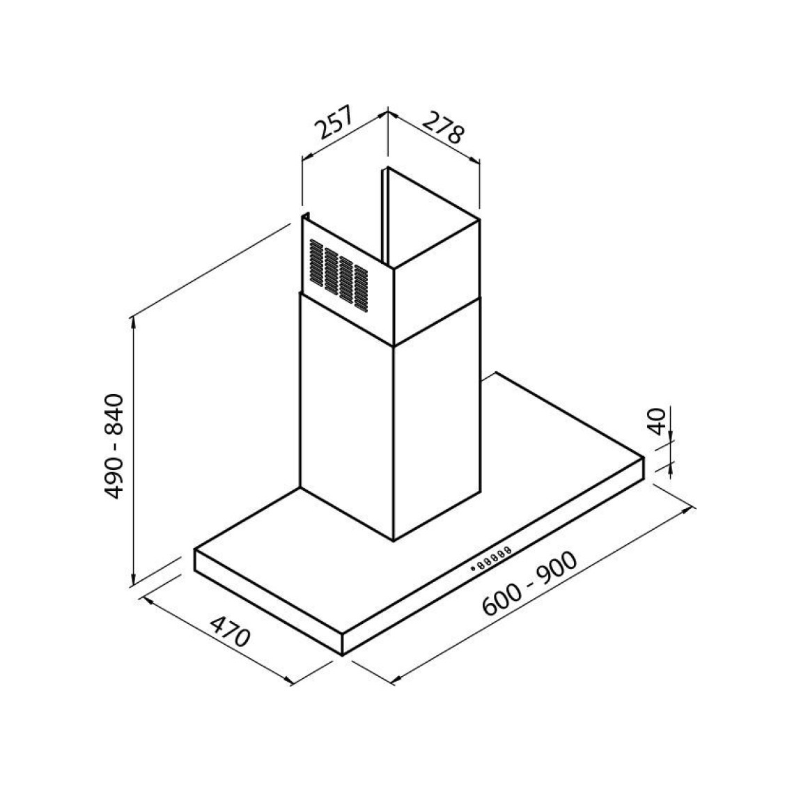 Disegno tecnico di una cappa da cucina con dimensioni.