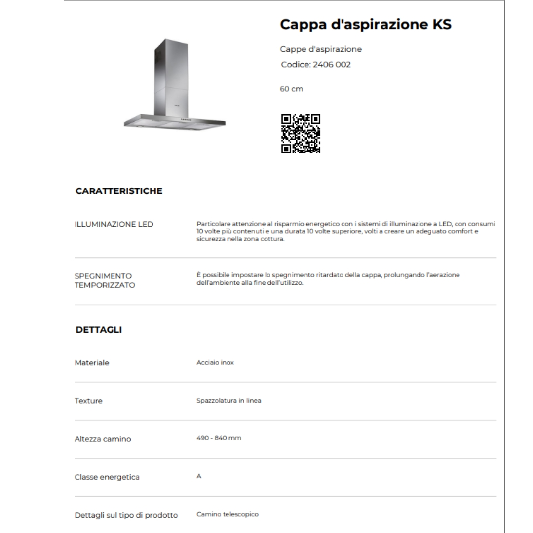 Cappa KS acciaio inox, 60cm, illuminazione LED e camino telescopico.