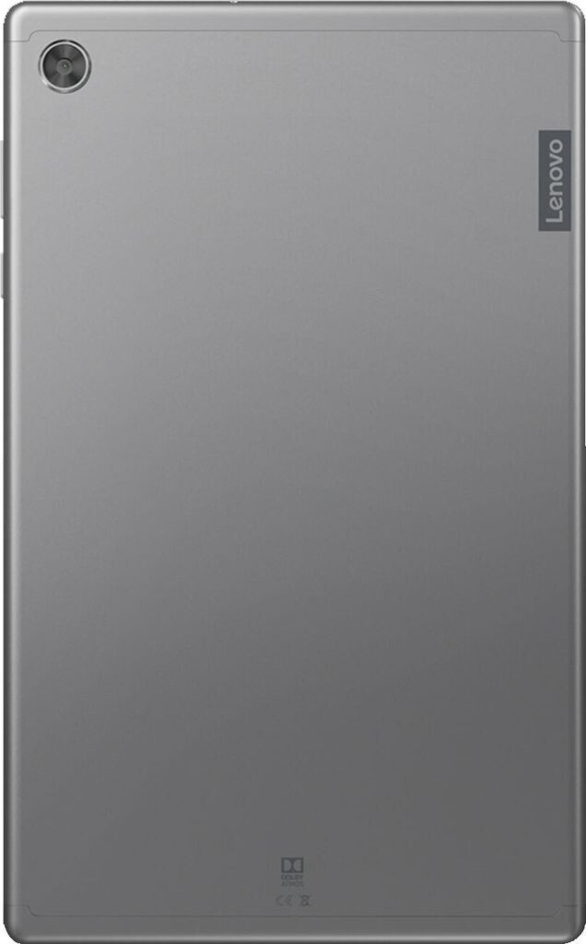 Rückseite eines grauen Lenovo Tablets mit Kamera oben links und Lenovo-Logo.