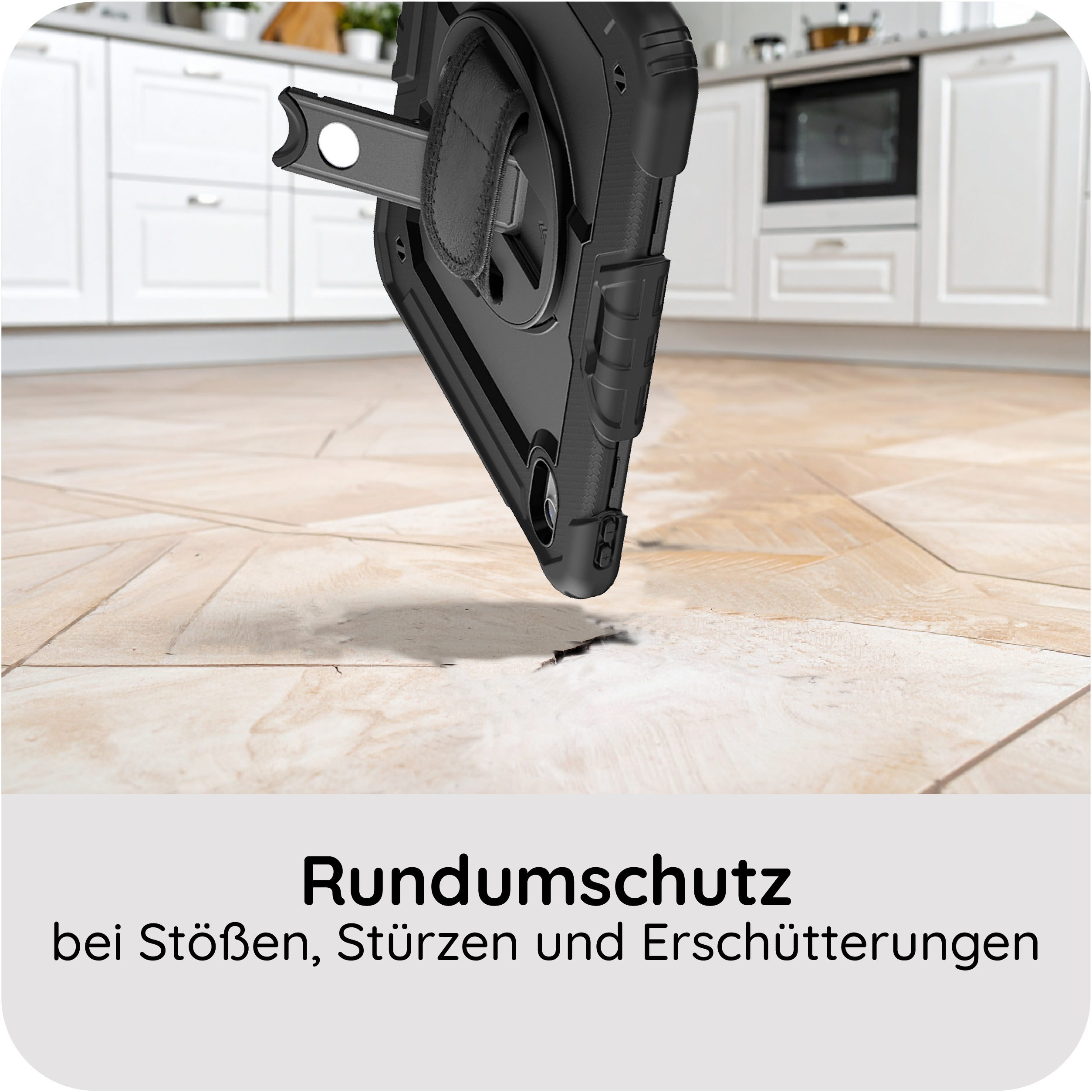 Schwarzes Handycase mit Ständer auf Holzboden, Küche im Hintergrund.