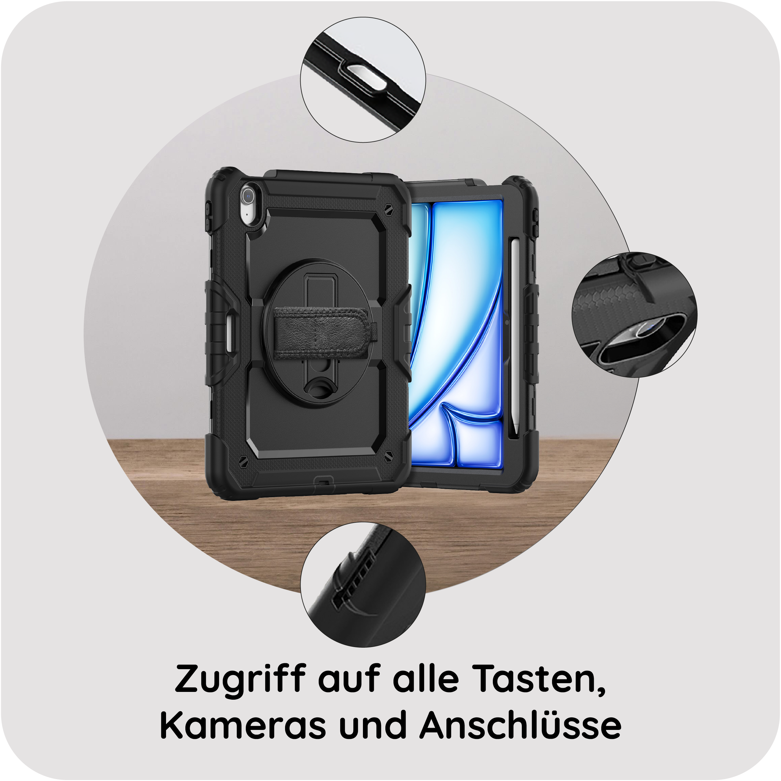 Schwarzes Tablet-Case mit Standfuß und Ausschnitten für Kameras und Anschlüsse.
