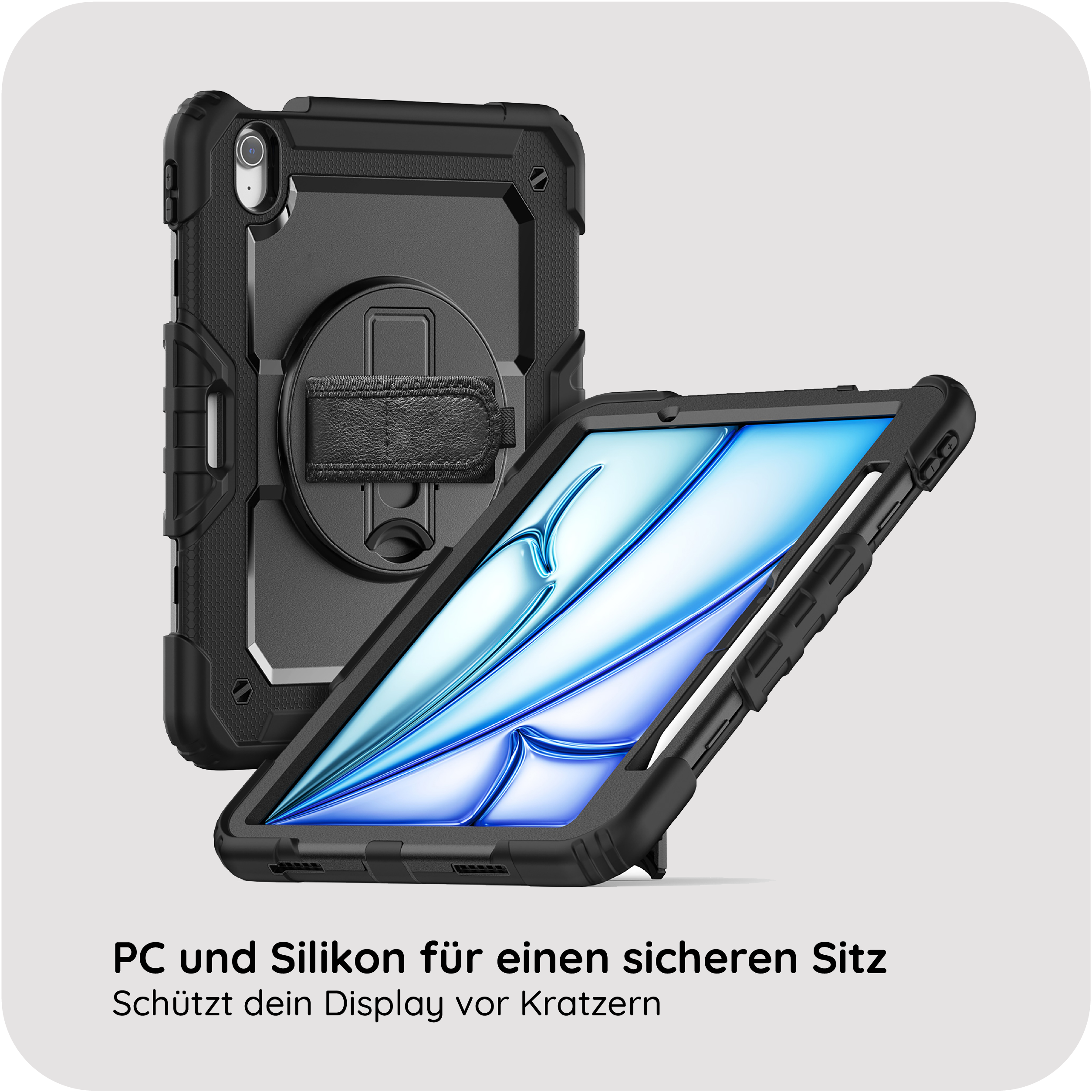 Schwarze Tablet Hülle mit integriertem Ständer und Griff.