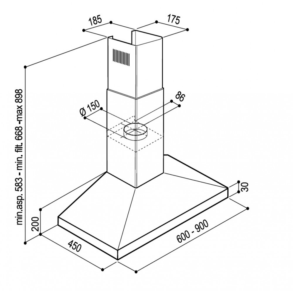 Disegno tecnico di una cappa aspirante con dimensioni.